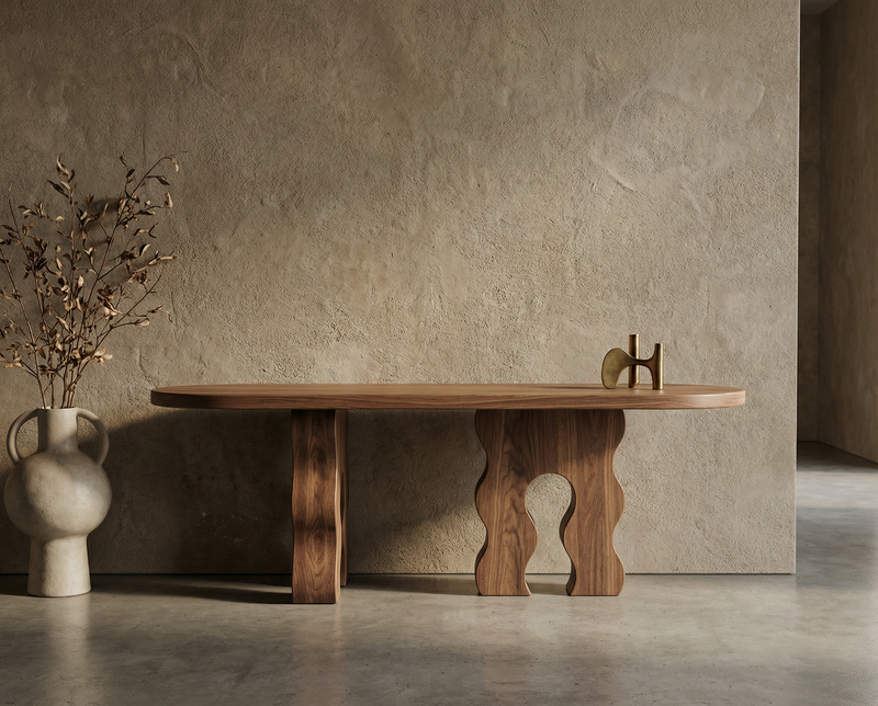 Wooden table with unique design against a textured wall