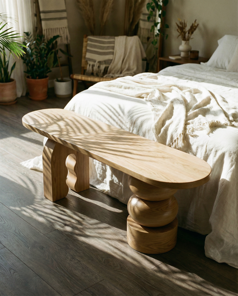 Wooden bench in a bedroom with a bed and plants