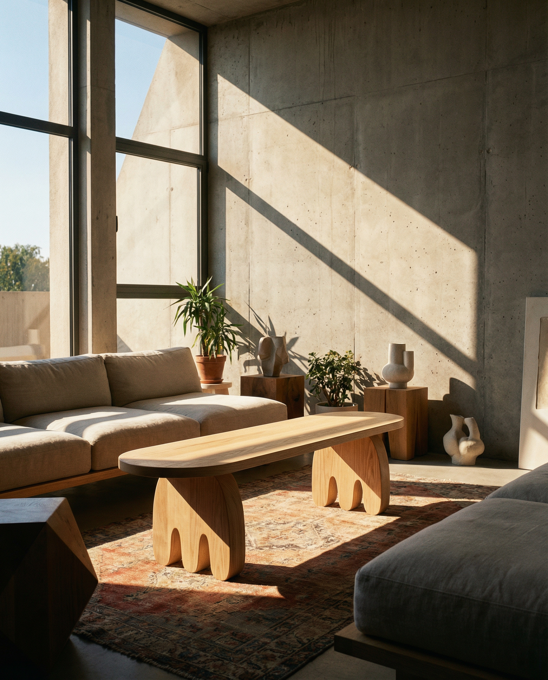 Modern living room with a wooden bench, sofa, and decorative items.