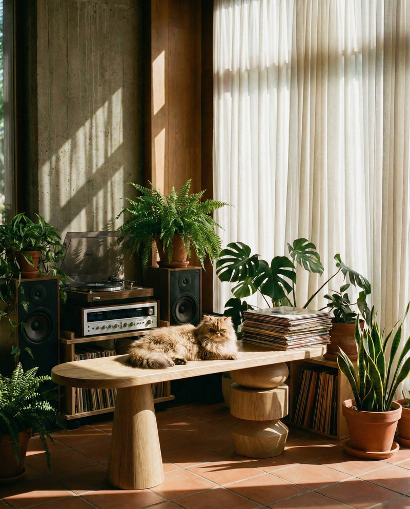 Living room with a cat on a wooden table surrounded by plants and records.