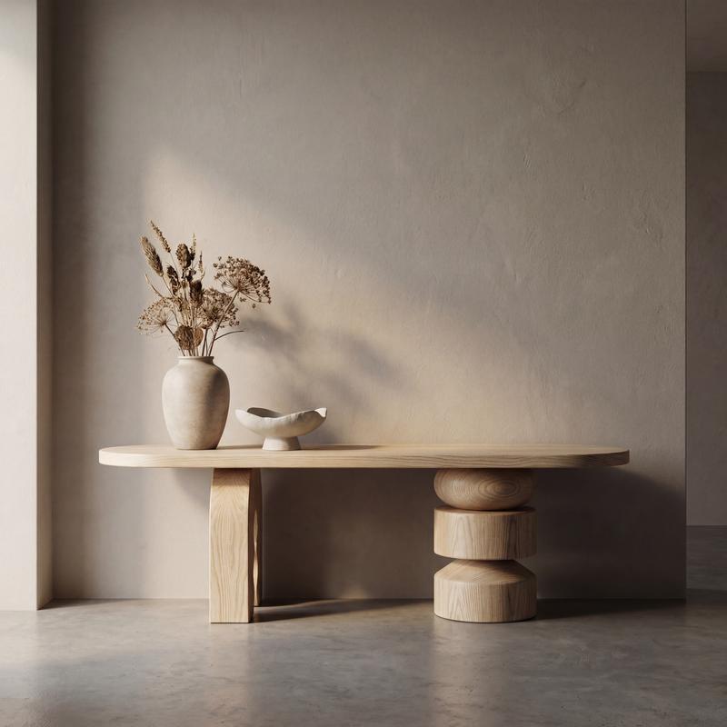 Minimalist wooden table with a vase and decorative items against a plain wall.
